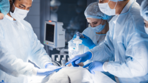 General surgeons performing surgery on a patient