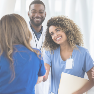 a physician meeting a colleague after they began a new job